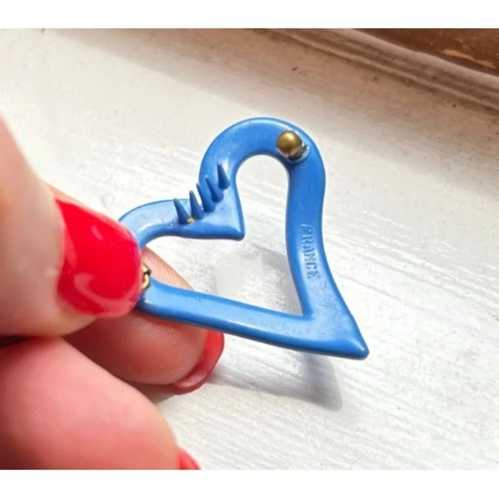 Vintage France Blue Heart Hair Clip 1970s Plastic Cutout Retro Barrette Signed